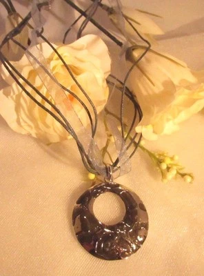 Grey Enamel Geometric Silver Pendant On Ribbon Necklace - NEW (#76) - Image 1 of 4