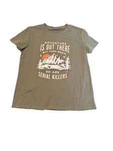 Adventure Graphic Tee Olive Green Polyester Casual Crewneck Short Sleeve M - Picture 1 of 5