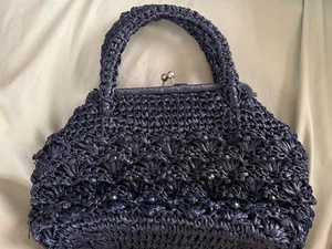 Vintage 50er 60er blau Stroh Raffia gewebter Rahmen große Handtasche Deadstock neu aus altem Lagerbestand marineblau - Bild 1 von 9