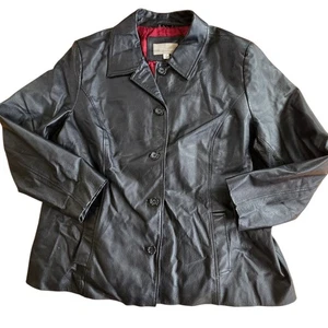 Vintage Croft and Barrows Woman Leather Jacket 2X Black Button Front - Picture 1 of 10