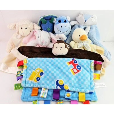Baby Lovey Security Blanket Lot Of 8 Duck Lamb Monkey Bunny Fox Pink Blue Yellow - Image 1 of 4