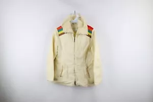 Vintage 70s Womens Medium Distressed Rainbow Striped Full Zip Winter Jacket Coat - Picture 1 of 11