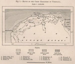 Route of the chief explorers in Cyrenaica. Libya. Tripolitana 1885 old map - Picture 1 of 1