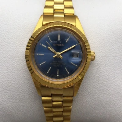 Gruen Watch Women 26mm Gold Tone Blue Round Dial Date New Battery 6.5" - Image 1 of 4