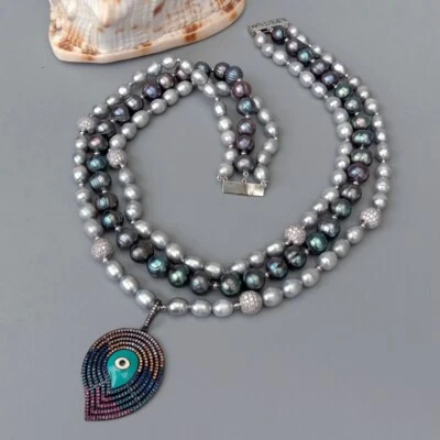 Collar 18" 3 Filas Perla de Arroz Gris Patata Negra Perla Circonita Pavimentar Mal de Ojo Colgante Foto 1 de 4
