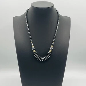 Necklace Hematite Stone Beads 18” Gunmetal Gold Tone Rhinestone Holiday Jewelry - Picture 1 of 8