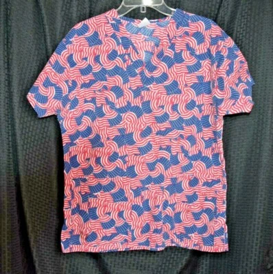 American Flag Scrub Top Shirt Medical Uniform Colorful Patriotic V neck Crest - Image 1 of 4
