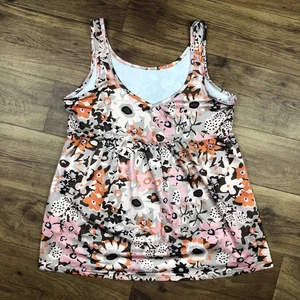 Womens Sz M Brown Orange Pink Floral Print Stretch Tank Top Shirt - Picture 1 of 6