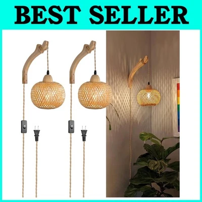 Conjunto de 2 arandelas de parede de bambu, luminárias plug-in boho - Imagem 1 de 4