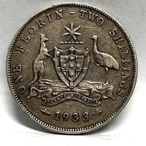 1933 AUSTRALIA ONE FLORIN - TWO SHILLINGS SILVER KEY DATE COIN NICE TONING - Picture 1 of 8