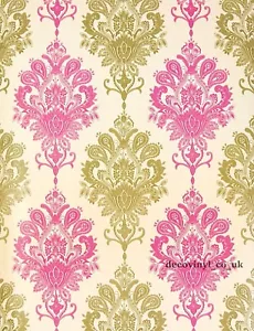 10M VICTORIAN ADHESIVE WALLPAPER CREAM PINK DAMASK STICKY BACK PLASTIC FABLON UK - Picture 1 of 10