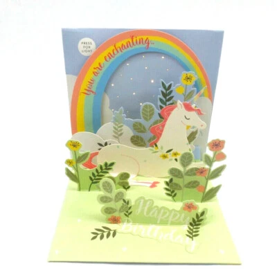 Unicorn Rainbow Happy Birthday Card Pop Up Light Up Greeting Card Up With Paper  - Image 1 of 4
