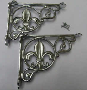 Pair of CHROME FLEUR DE LYS cast iron shelf wall brackets vintage old style - Picture 1 of 1