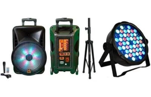 MR DJ DJ12BAT+ 12" Portable Bluetooth Speaker + Speaker Stand + 54-LED Slim Par - Picture 1 of 9