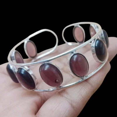 Authentic Amethyst Gemstone 925 Sterling Silver Plated Cuff Bangle Jewelry Gift - Image 1 of 2