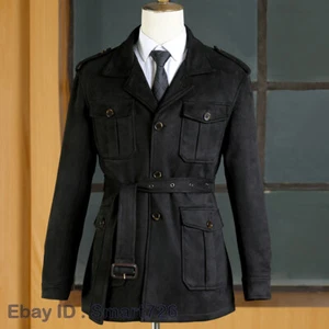 Mens Retro Multi Pockets Suede Safari Jacket Belted Hunting Coat Casual Outwear - Picture 1 of 28