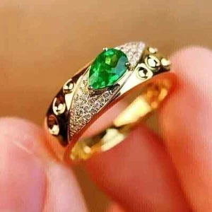 3Ct Pear Cut Simulated Emerald Men's Engagement Band Ring 14k Yellow Gold Plated - Picture 1 of 11