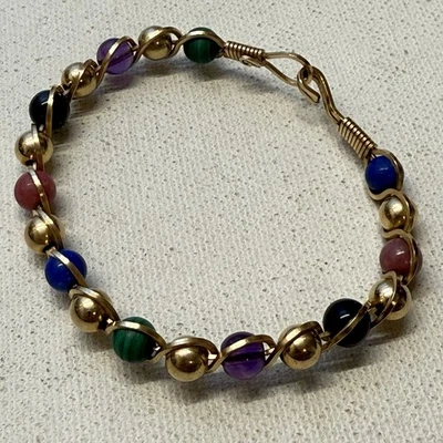 Multi Gemstone GOLD FILLED WIRE WRAPPED BANGLE BRACELET Malachite Onyx Rhodonite - Image 1 of 4
