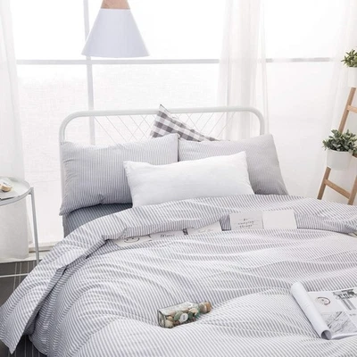 King Size Gray Striped Comforter Set - 100% Cotton, 3 Piece Bedding Set - Image 1 of 4