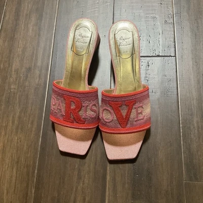 Sandalias Mula Roger Vivier Hechas en Italia Lona Paris Love Rojo Rosa Talla 40 Foto 1 de 4