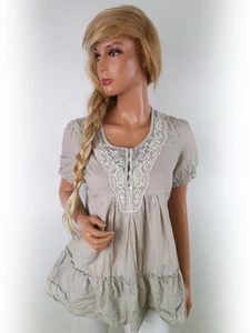 Vero moda Size XS Beige Tunic Blouse Cotton 100% Short Sleeve Embroidery - Picture 1 of 5