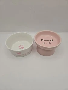 Ceramic Raised Cat Food Bowl Elevated With Water Bowl. Cute. Pink. - Picture 1 of 11