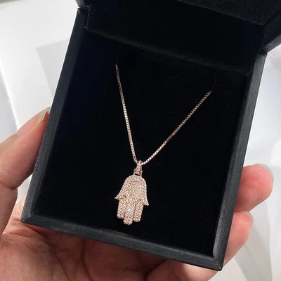 Full Moissanite Hamsa Hand Pendant Necklace Chain 925 Sterling Silver Hip Hop - Image 1 of 4
