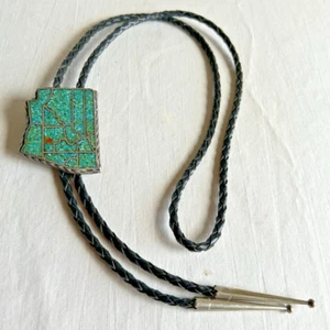 Vtg 1970s Bolo Tie Signed A CHARLEY Handmade Inlaid Turquoise Silver ARIZONA - Picture 1 of 9