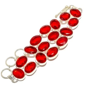 Natural Garnet Gemstone Chain Bracelet 925 Sterling Silver Indian Jewelry - Picture 1 of 8
