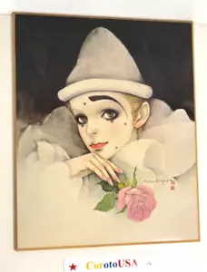 Pierrot mit Rose von Mira Fujita Poster Replik signiert Blockmontage - Vintage - Bild 1 von 3
