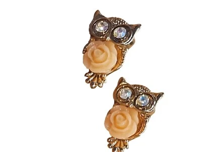  Owls w/Crystal Eyes & Faux Ivory Rose Belly Pierced Stud Earring Small Foto 1 de 4