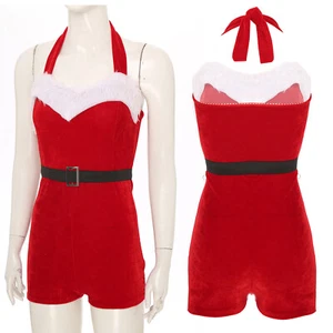 Womens Costume Bodycon Jumpsuit Miss Claus Bodysuit Corset Unitard Santa Sexy - Picture 1 of 26