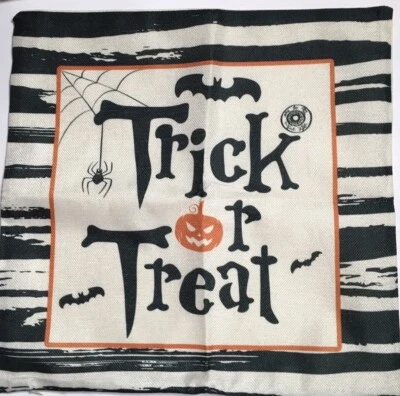 "FUNDA DE ALMOHADA TRUCO O TRATO MURCIÉLAGO 🦇 HALLOWEEN Negro-Marfil Rayas 18x18""NUEVA" Foto 1 de 2