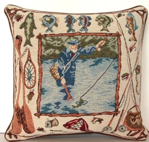 Fly Fishing Lovers, Gear w/ Fisherman, Fish, Fly Rod & More, Tapestry Pillow New - Picture 1 of 9