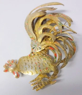 Broche broche gallo antiguo gigante lavado oro plata esmalte Foto 1 de 4