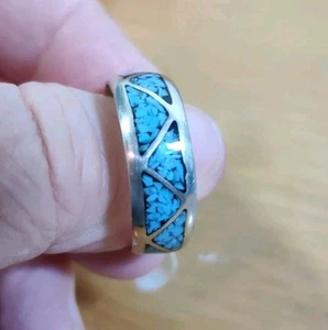 Vintage Tested Sterling Silver Turquoise Inlaid Band Ring Size 11 5g - Picture 1 of 6