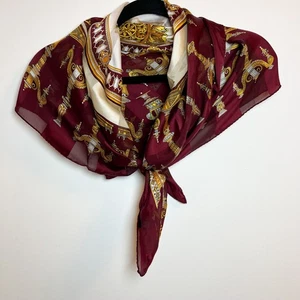 Burgundy Silk Scarf Made in Italy Baroque Print Gold Accent Square - Picture 1 of 11