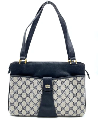 Auth Gucci GG Supreme PVC x Leather Navy 67-000-4694 Shoulder Bag NS111156 - Image 1 of 4