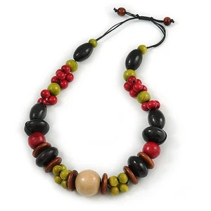 Collana grossa in corda di cotone con perline di legno multicolore - 60 cm L - Foto 1 di 5