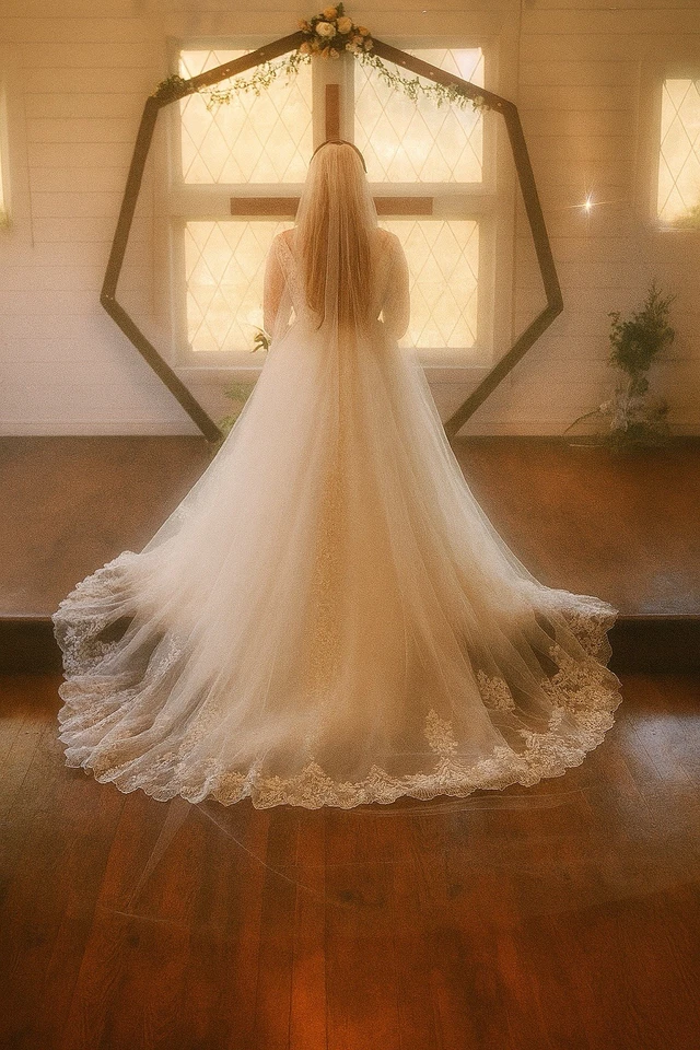 Vestido de novia blanco manga larga talla 6 falda larga catedral con encaje Foto 1 de 4