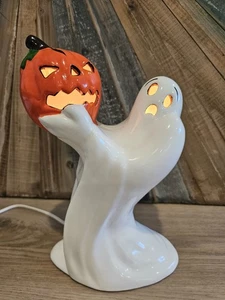 1980er Vintage 11-1/2" Keramik Geist hält Kürbis beleuchtet Halloween - funktioniert! - Bild 1 von 9