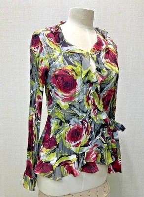 Sunny Leigh Floral Ruffle Chiffon Blouse Top M Sheer Pleated Bow Front Watercolo - Image 1 of 4