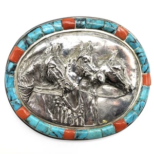 MASSIVE 266 Gram OLD PAWN STERLING Horse Belt Buckle Turquoise & Coral 4 3/4” - Picture 1 of 18