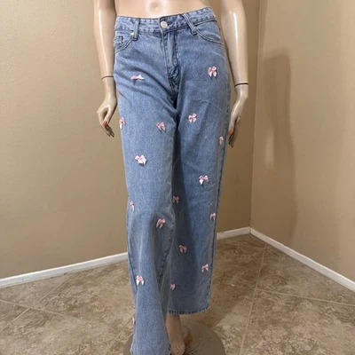 Women’s Light Blue Denim Cotton Casual Wide Leg Bows Zipper Size 1/25 Pants - Image 1 of 4