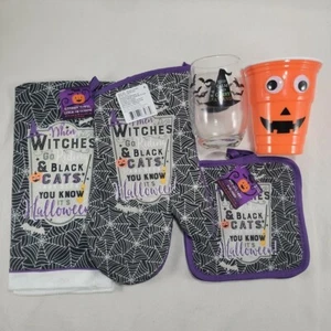 Halloween Kitchen Bundle Oven Mitt Hot Pad Holder Dish Towel Glass Cup #2 - Picture 1 of 5