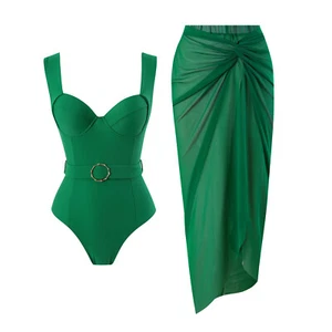 Women's One Piece Swimsuit with Beach Cover up Wrap Skirt Sarong Bikini Set - Picture 1 of 184