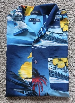 Koman 运动蓝色花卉海洋棕榈树印花纽扣夏威夷衬衫男式 L — 第 1/4 张图片