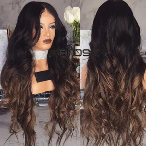 Sexy Women Synthetic Hair Lace Front Wig Ombre Black Brown Long Wavy Full Wigs - Picture 1 of 8