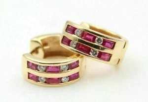 1.50 Ct Simulated Ruby & Cubic Zirconia Hoop Earrings 14K Yellow Gold Plated - Picture 1 of 3