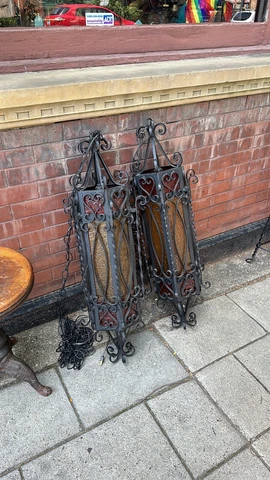 PAIR  VINTAGE GOTHIC SPANISH REVIVAL WROUGHT IRON HANGING PENDANT CHANDELIER x2 Cover
